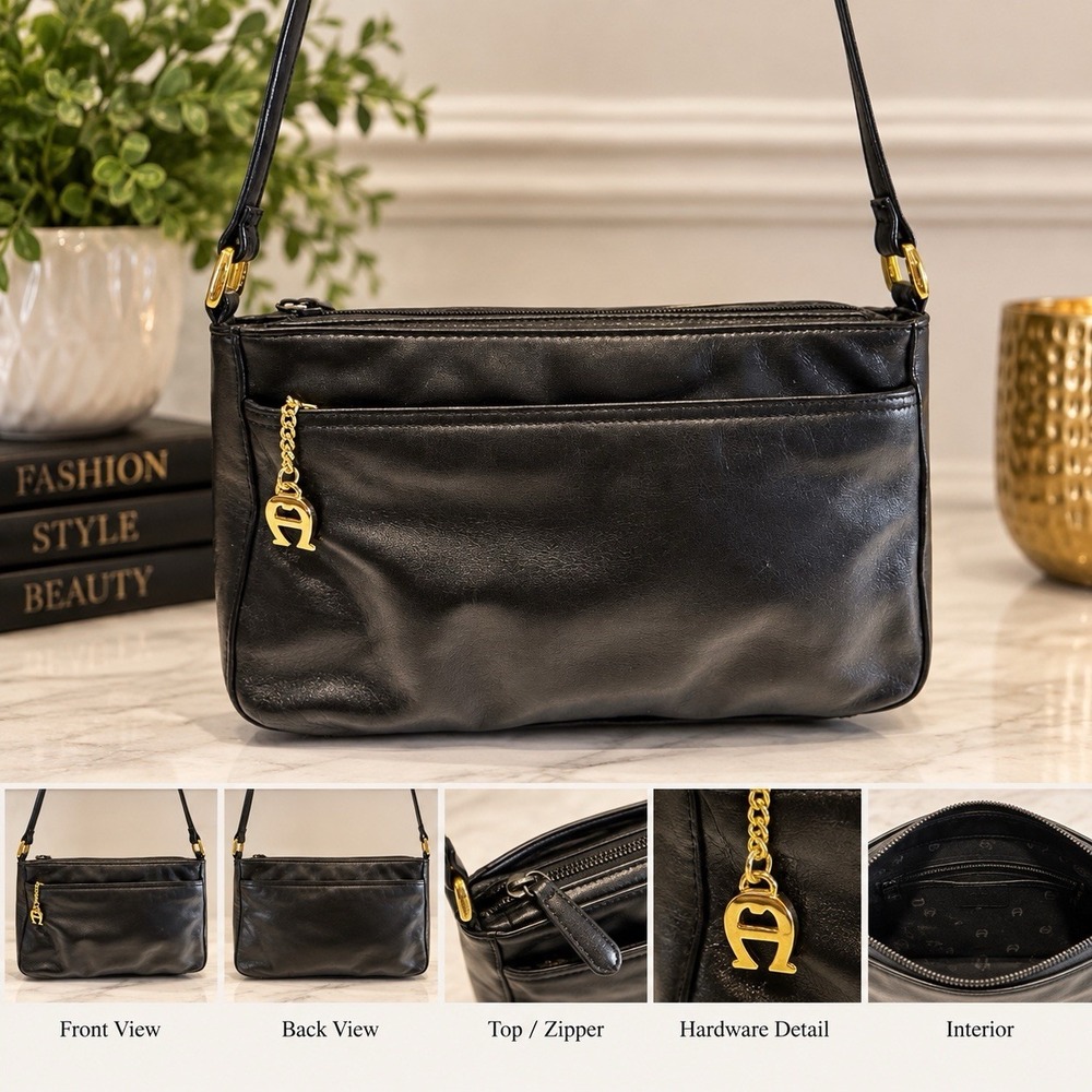 Vintage Etienne Aigner Black Leather Shoulder Bag Gold Tone Hardware Logo Charm